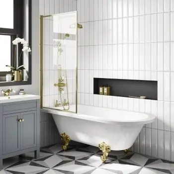 Abingdon 1700 Roll Top Shower Bath - Brushed Brass Ball Feet & 6mm Brushed Brass Bath Screen