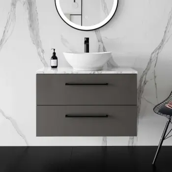 Elba Graphite Grey Wall Hung Vanity Marble Top & Oval Counter Top Basin 800mm - Black Accents