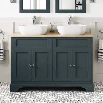 Lucia Inky Blue Double Vanity with Oak Effect Top & Curved Counter Top Basin 1200mm