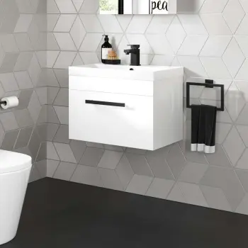 Avon Gloss White Wall Hung Basin Drawer Vanity 600mm - Black Accents