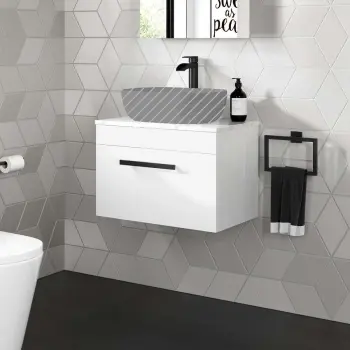 Avon Gloss White Wall Hung Counter Top Vanity with Marble Top 600mm - Black Accents