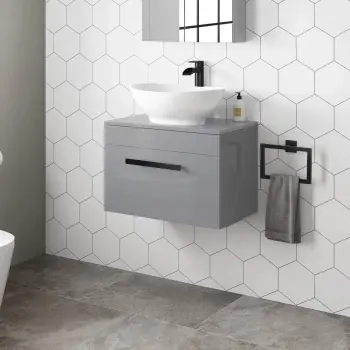 Avon Stone Grey Wall Hung Drawer Vanity with Oval Counter Top Basin 600mm - Black Accents