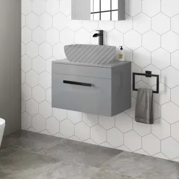 Avon Stone Grey Wall Hung Counter Top Vanity 600mm - Black Accents