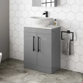 Avon Stone Grey Vanity with Marble Top & Oval Counter Top Basin 600mm - Black Accents