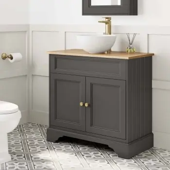 Lucia Graphite Grey Vanity with Oak Effect Top & Round Counter Top Basin 840mm - Brass Accents