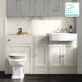 Monaco Chalk White Vanity Basin Marble Top and Hudson Toilet Wooden Seat 1500mm - Brass Accents