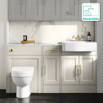 Monaco Chalk White Vanity Basin with Marble Top and Seattle Toilet 1500mm - Brass Knurled Handles