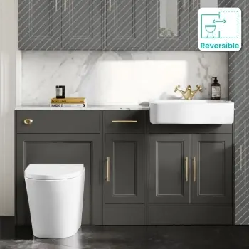 Monaco Graphite Grey Vanity Basin with Marble Top and Boston Toilet 1500mm - Brass Knurled Handles