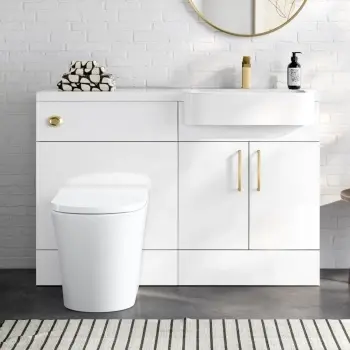 Harper Gloss White Vanity Basin and Tucson Toilet 1200mm - Brushed Brass Accents - Right Handed
