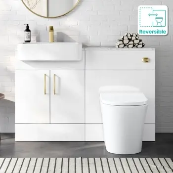 Harper Gloss White Vanity Basin with Marble Top & Tucson Toilet 1200mm - Brushed Brass Accents