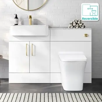 Harper Gloss White Vanity Basin with Marble Top & Houston Toilet 1200mm - Brushed Brass Accents