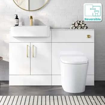 Harper Gloss White Vanity Basin with Marble Top & Boston Toilet 1200mm - Brushed Brass Accents