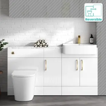 Harper Gloss White Vanity Basin with Marble Top & Tucson Toilet 1500mm - Brushed Brass Accents