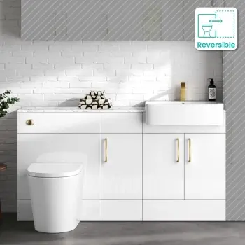 Harper Gloss White Vanity Basin with Marble Top & Boston Toilet 1500mm - Brushed Brass Accents