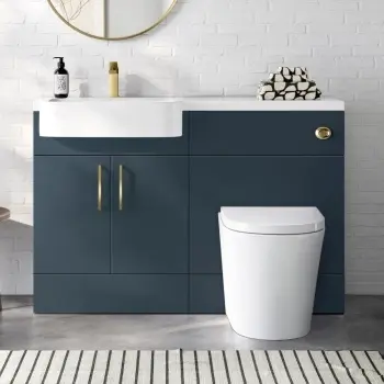 Harper Navy Blue Vanity Basin and Boston Toilet 1200mm - Brushed Brass Accents - Left Handed