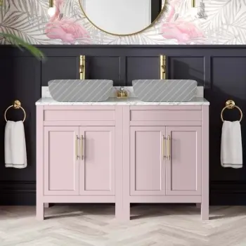 Bermuda Cashmere Pink Cabinet with Marble Top 1200mm (Excludes Basin) - Brass Knurled Handles