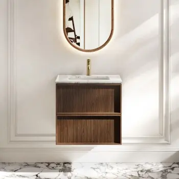 Bora Natural Walnut Carrara Marble Wall Hung Vanity Drawer & Undermount Basin 600mm