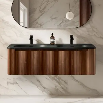 Sorrento Fluted Black Walnut Wall Hung Drawer Vanity with Black Double Basin 1200mm