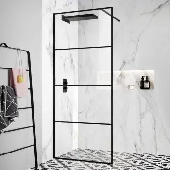 Munich Matt Black Grid Easy Clean 8mm Wet Room Shower Glass Panel 800mm