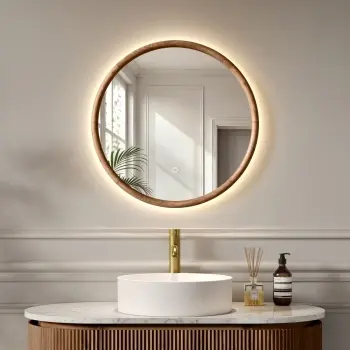 Lily Natural Walnut Round LED Mirror 600mm