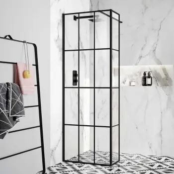 Munich Matt Black Grid 8mm Wet Room Shower Glass 700mm & 250mm Return Panel