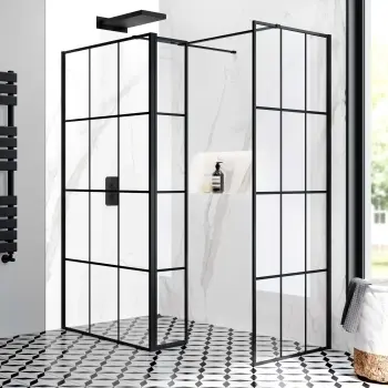 Munich Matt Black Grid 8mm Walk In Shower Enclosure 1100mm & 800mm Glass with Pivotal Return Panel