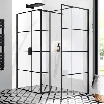Munich Matt Black Grid 8mm Walk In Shower Enclosure 1100mm & 900mm Glass with Pivotal Return Panel
