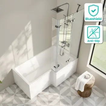 Brixton L Shaped 1500 Shower Bath & 6mm Easy Clean Brushed Gunmetal Folding Bath Screen - Right Handed