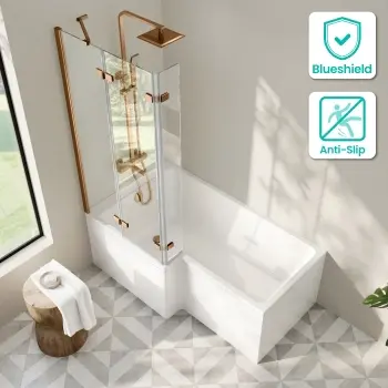 Brixton L Shaped 1500 Shower Bath with Front Panel & 6mm Easy Clean Brushed Copper Folding Bath Screen - Left Handed