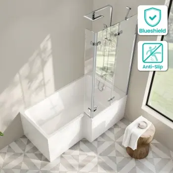 Brixton L Shaped 1500 Shower Bath with Front Panel & 6mm Easy Clean Chrome Folding Bath Screen - Right Handed