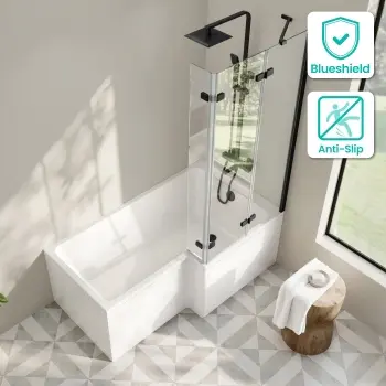 Brixton L Shaped 1500 Shower Bath with Front Panel & 6mm Easy Clean Matt Black Folding Bath Screen - Right Handed