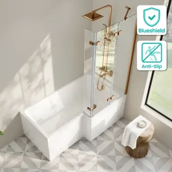 Brixton L Shaped 1500 Shower Bath with Front Panel & 6mm Easy Clean Brushed Copper Folding Bath Screen - Right Handed