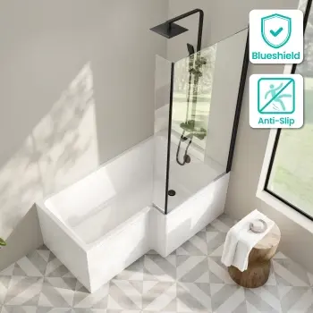 Brixton L Shaped 1500 Shower Bath & 6mm Matt Black Easy Clean Screen - Right Handed