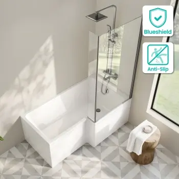 Brixton L Shaped 1500 Shower Bath & 6mm Brushed Gunmetal Easy Clean Screen - Right Handed