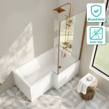 Brixton L Shaped 1500 Shower Bath & 6mm Brushed Copper Easy Clean Screen - Right Handed