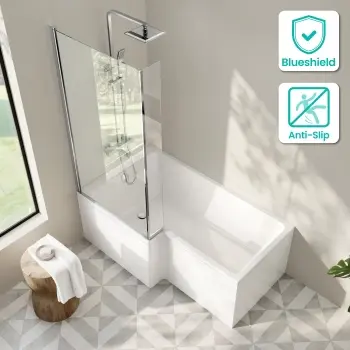 Brixton L Shaped 1600 Shower Bath & 6mm Chrome Easy Clean Screen - Left Handed