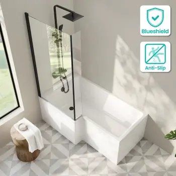 Brixton L Shaped 1500 Shower Bath with Front Panel & 6mm Matt Black Easy Clean Screen - Left Handed
