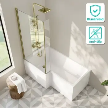 Brixton L Shaped 1500 Shower Bath with Front Panel & 6mm Brushed Brass Easy Clean Screen - Left Handed