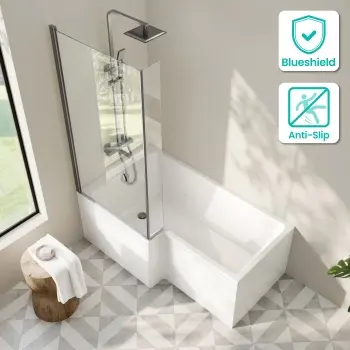 Brixton L Shaped 1500 Shower Bath with Front Panel & 6mm Brushed Gunmetal Easy Clean Screen - Left Handed