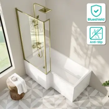 Brixton L Shaped 1500 Shower Bath with Front Panel & 6mm Easy Clean Brushed Brass Framed Bath Screen - Left Handed