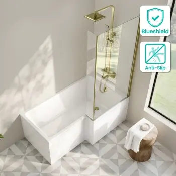 Brixton L Shaped 1500 Shower Bath with Front Panel & 6mm Brushed Brass Easy Clean Screen - Right Handed
