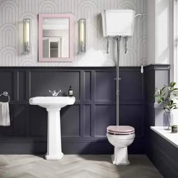 Hudson Traditional High-Level Toilet With Cashmere Pink Seat & Pedestal Basin - Single Tap Hole