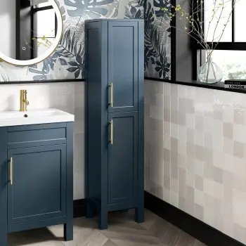Bermuda Inky Blue Floor Standing Tall Cabinet 1500x350mm - Brass Knurled Handles