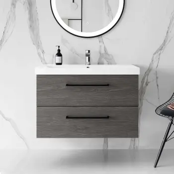 Elba Charcoal Elm Wall Hung Basin Drawer Vanity 800mm - Black Accents