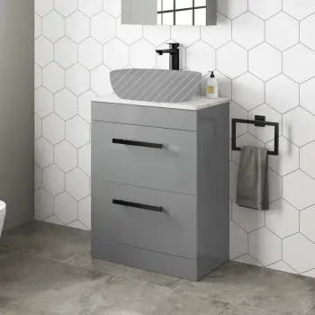 Avon Stone Grey Counter Top Vanity Drawer with Marble Top 600mm - Black Accents