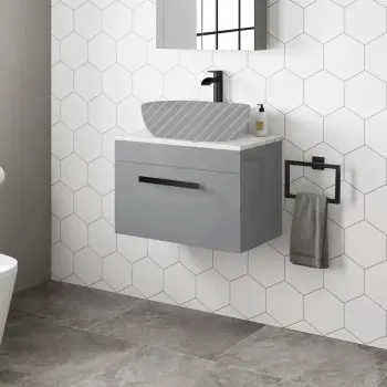 Avon Stone Grey Wall Hung Counter Top Vanity with Marble Top 600mm - Black Accents