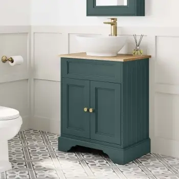 Lucia Midnight Green Vanity with Oak Effect Top & Oval Counter Top Basin 640mm - Brushed Brass Accents