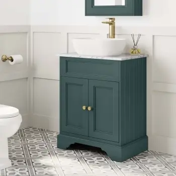 Lucia Midnight Green Vanity with Marble Top & Curved Counter Top Basin 640mm - Brushed Brass Accents