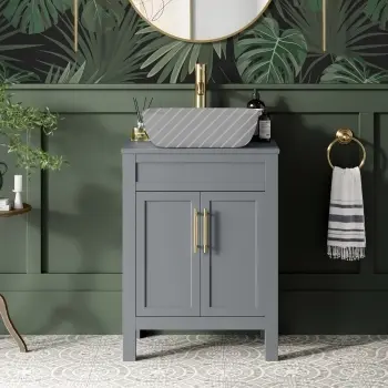 Bermuda Dove Grey Cabinet 600mm Excludes Counter Top Basin - Brass Knurled Handles