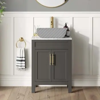 Bermuda Graphite Grey Cabinet with Marble Top 600mm Excludes Counter Top Basin - Brass Knurled Handles